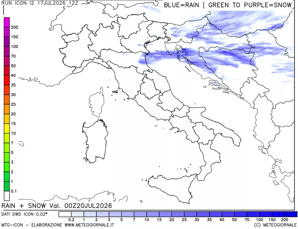 mappa Precipitazioni totali e nevose 24 ore precedenti