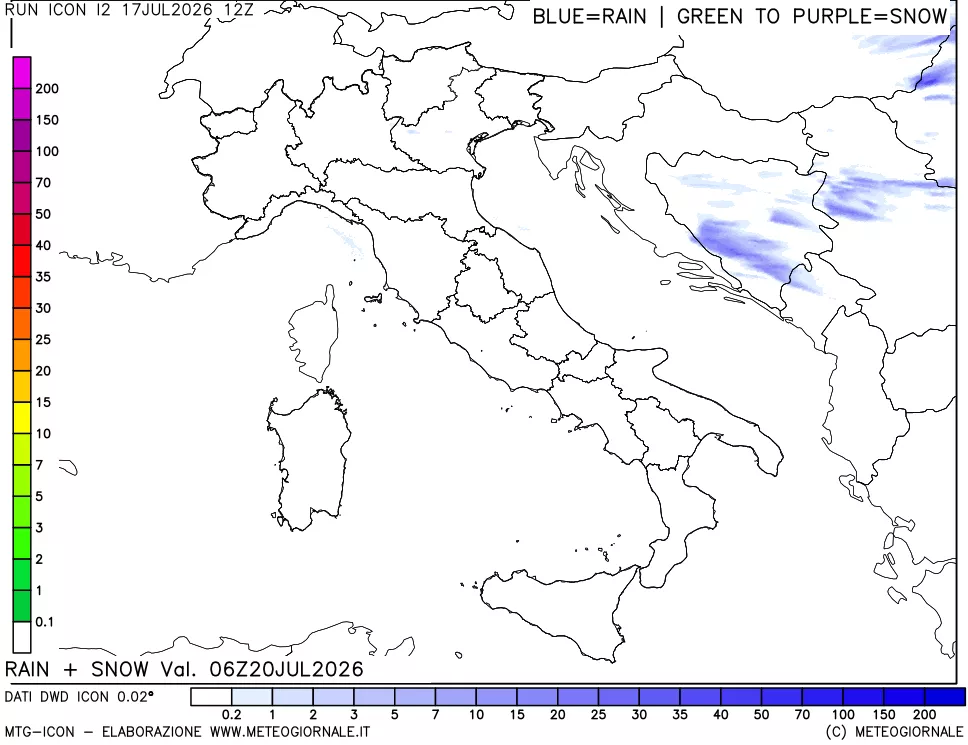 mappa Precipitazioni totali e nevose 24 ore precedenti