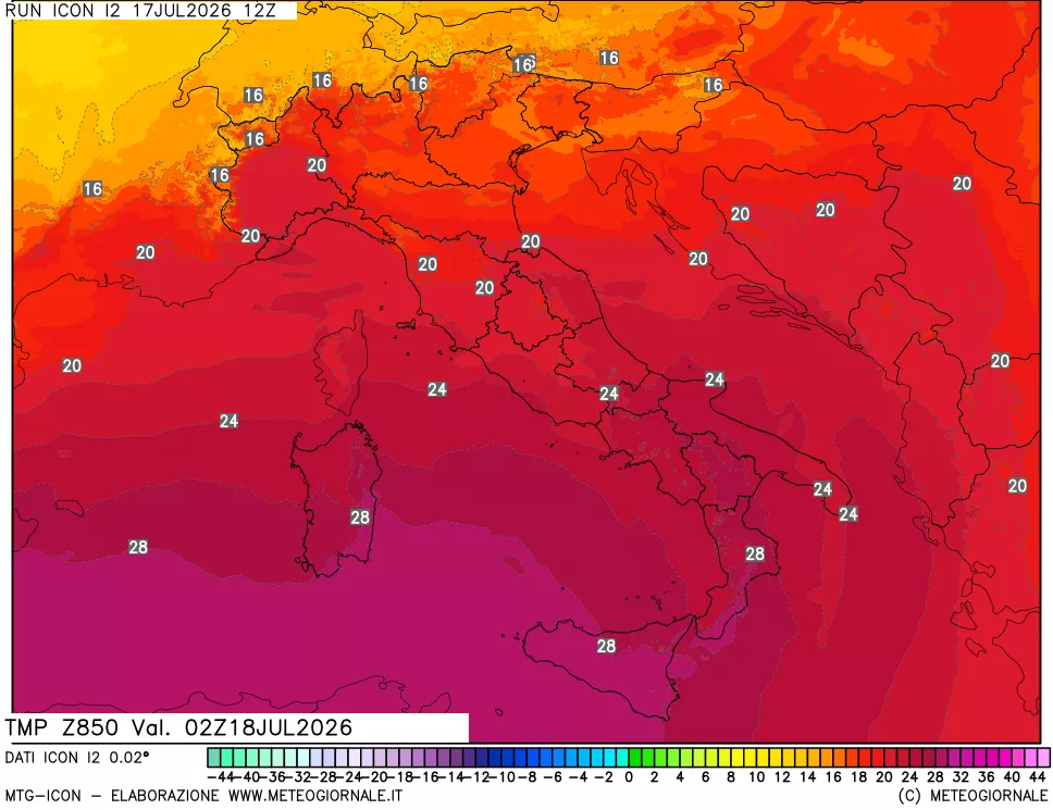 mappa 850 hPa Temp
