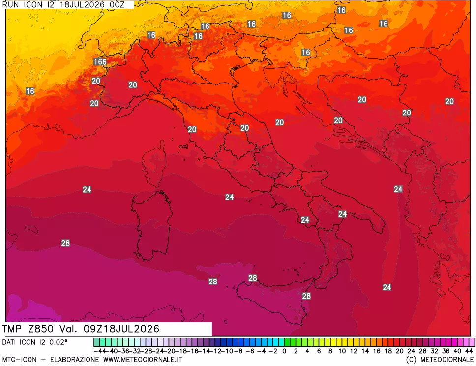 mappa 850 hPa Temp