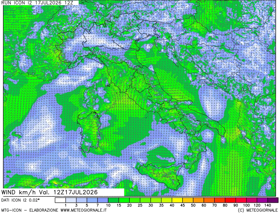 mappa 10 m Vento forza e direzione