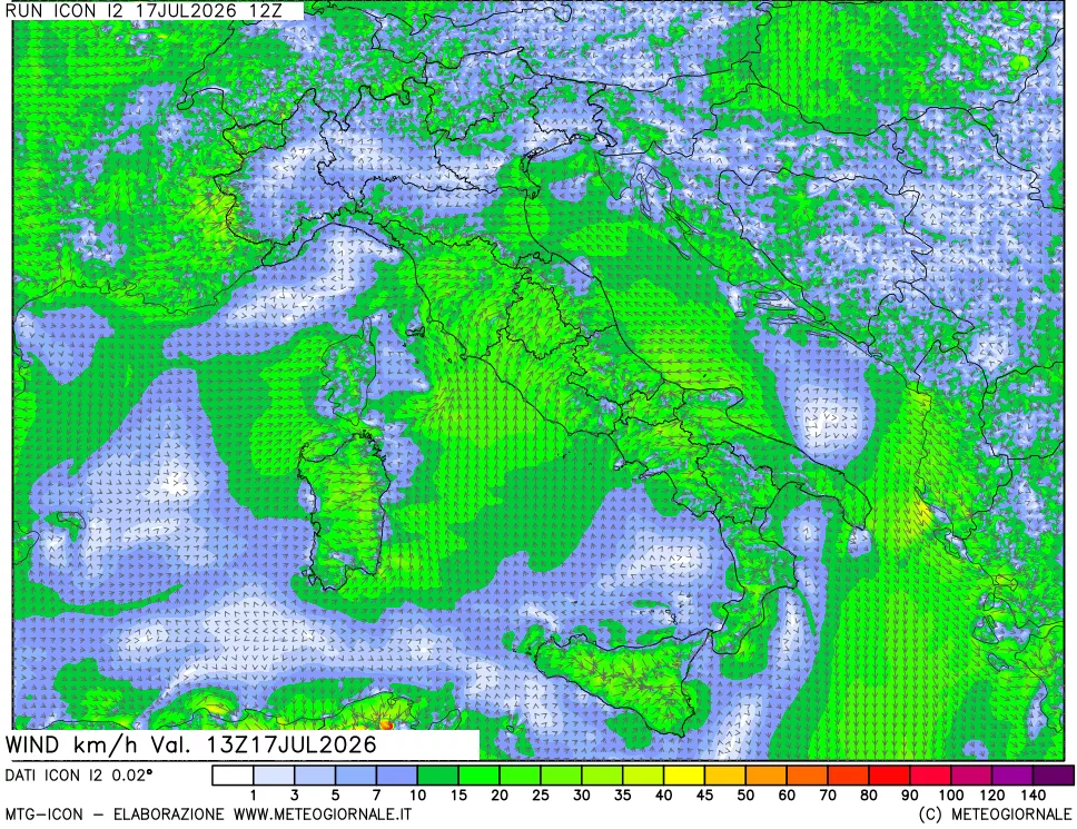 mappa 10 m Vento forza e direzione