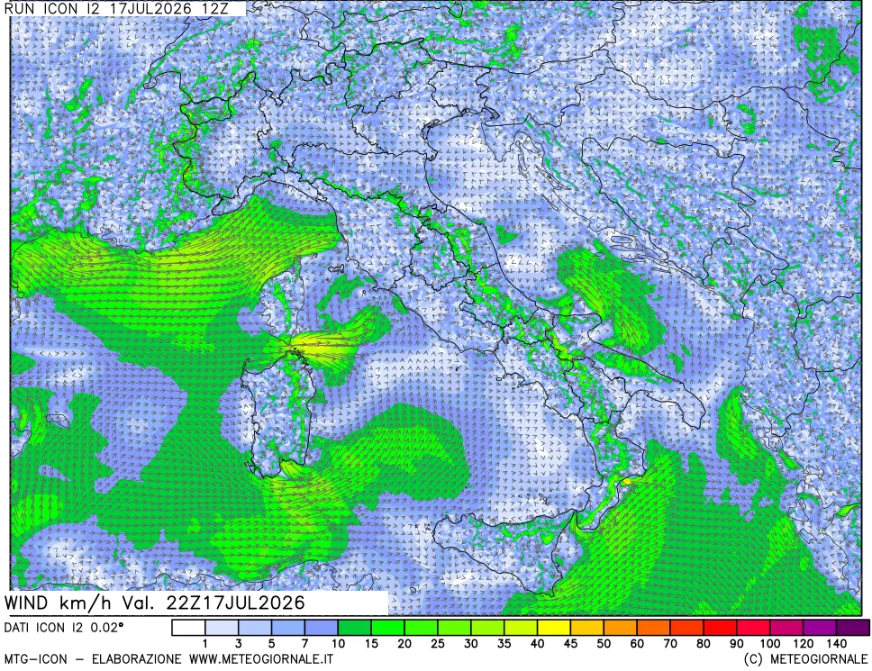 mappa 10 m Vento forza e direzione
