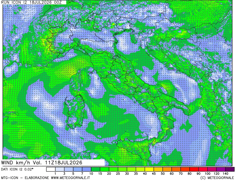 mappa 10 m Vento forza e direzione