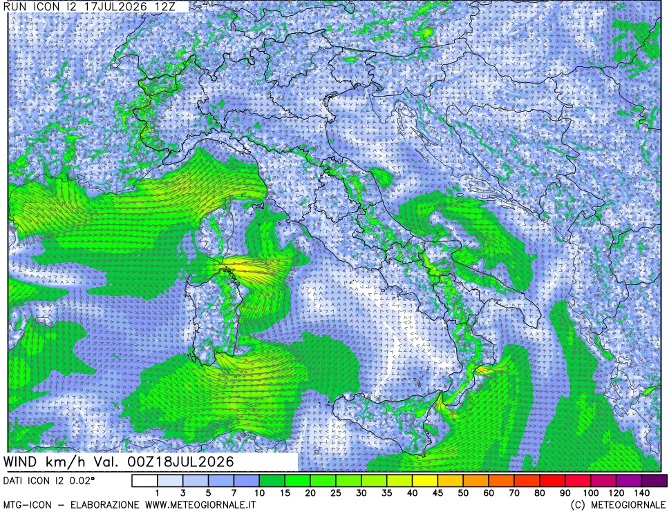 mappa 10 m Vento forza e direzione
