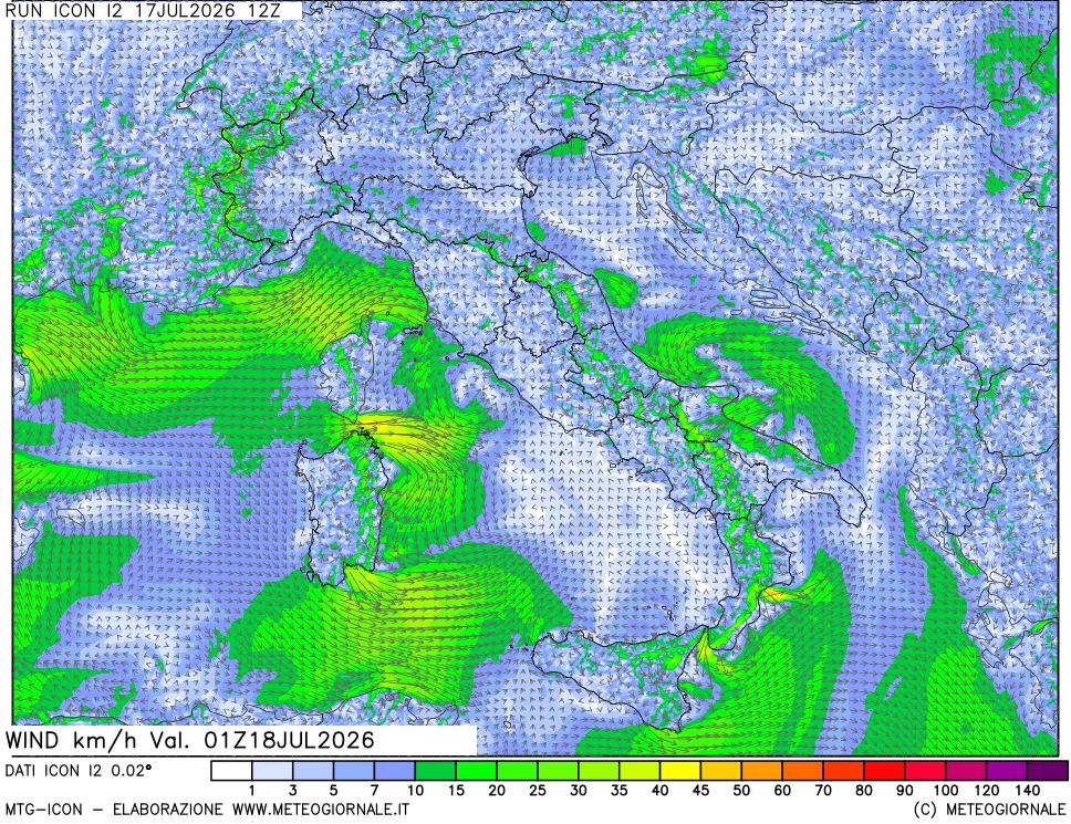 mappa 10 m Vento forza e direzione