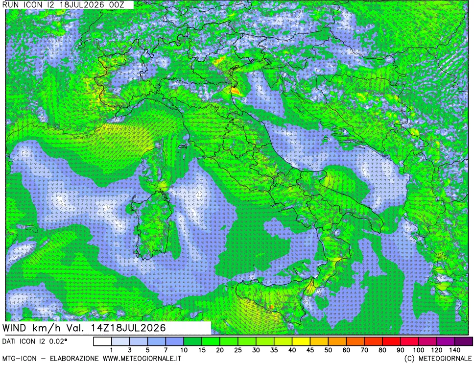 mappa 10 m Vento forza e direzione