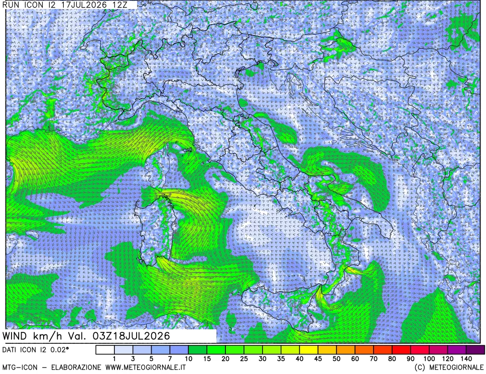 mappa 10 m Vento forza e direzione