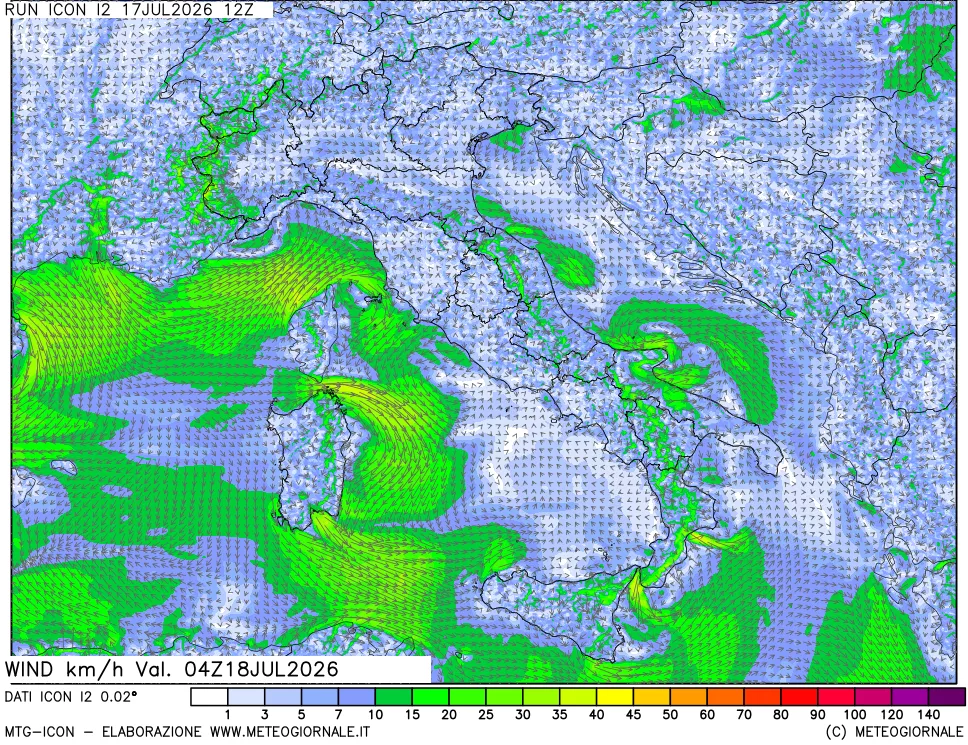 mappa 10 m Vento forza e direzione
