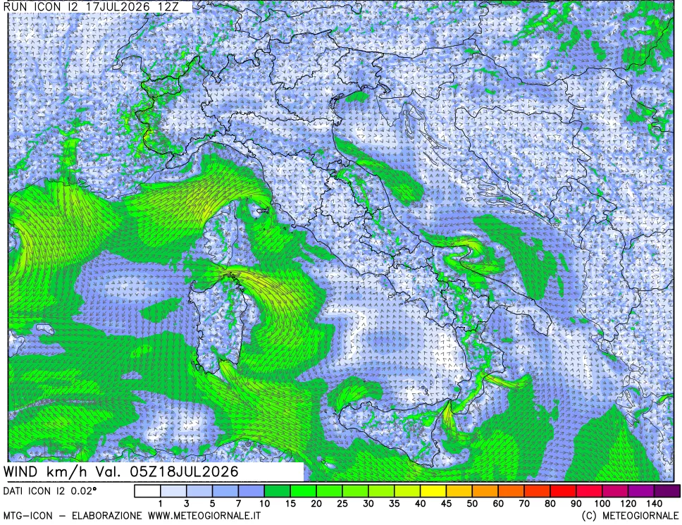 mappa 10 m Vento forza e direzione
