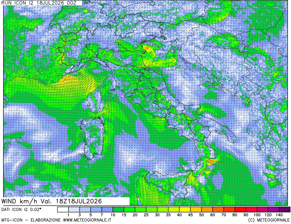 mappa 10 m Vento forza e direzione