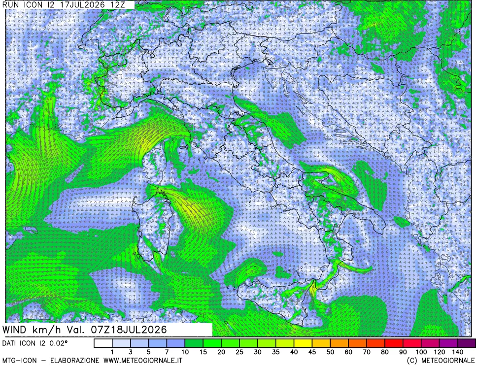 mappa 10 m Vento forza e direzione
