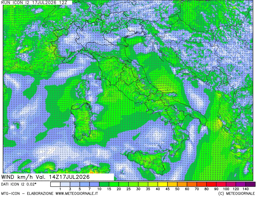mappa 10 m Vento forza e direzione