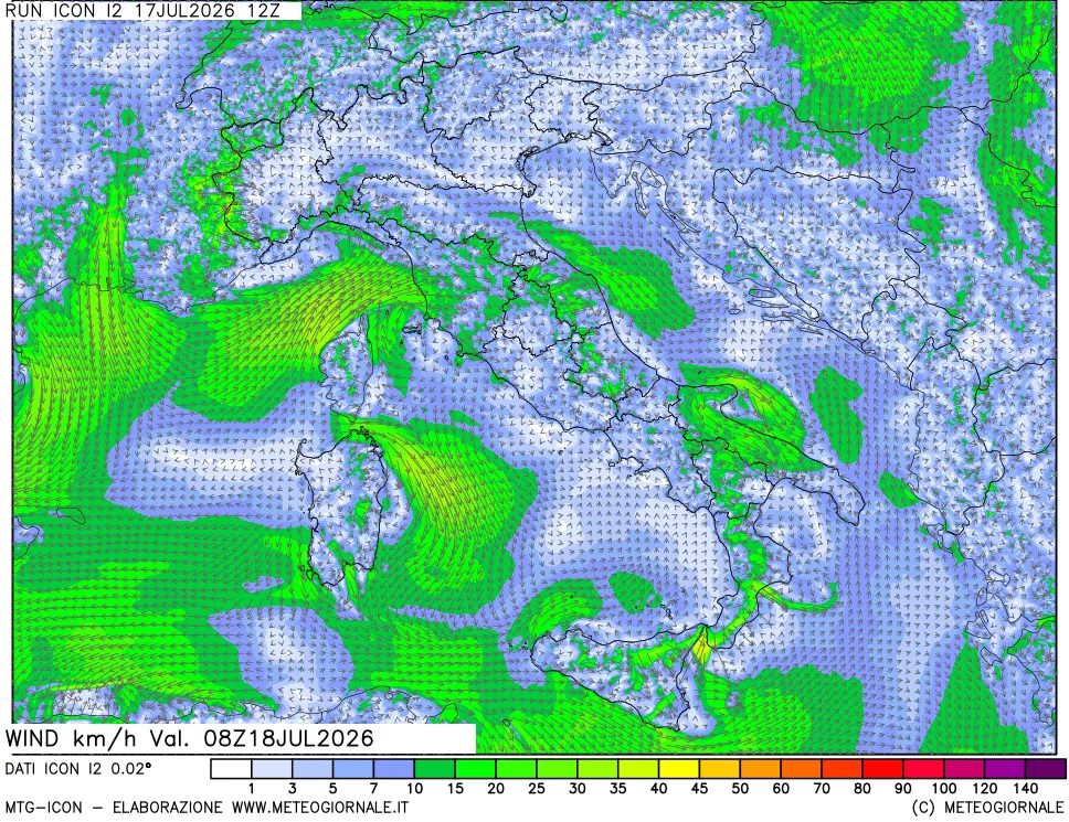mappa 10 m Vento forza e direzione