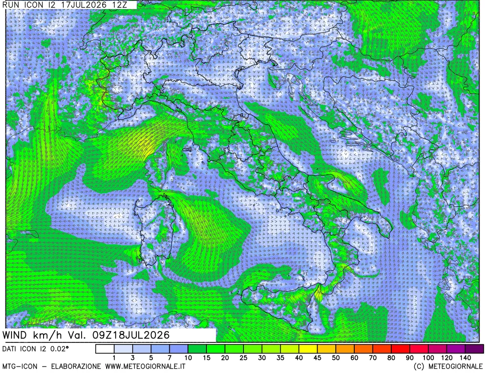 mappa 10 m Vento forza e direzione