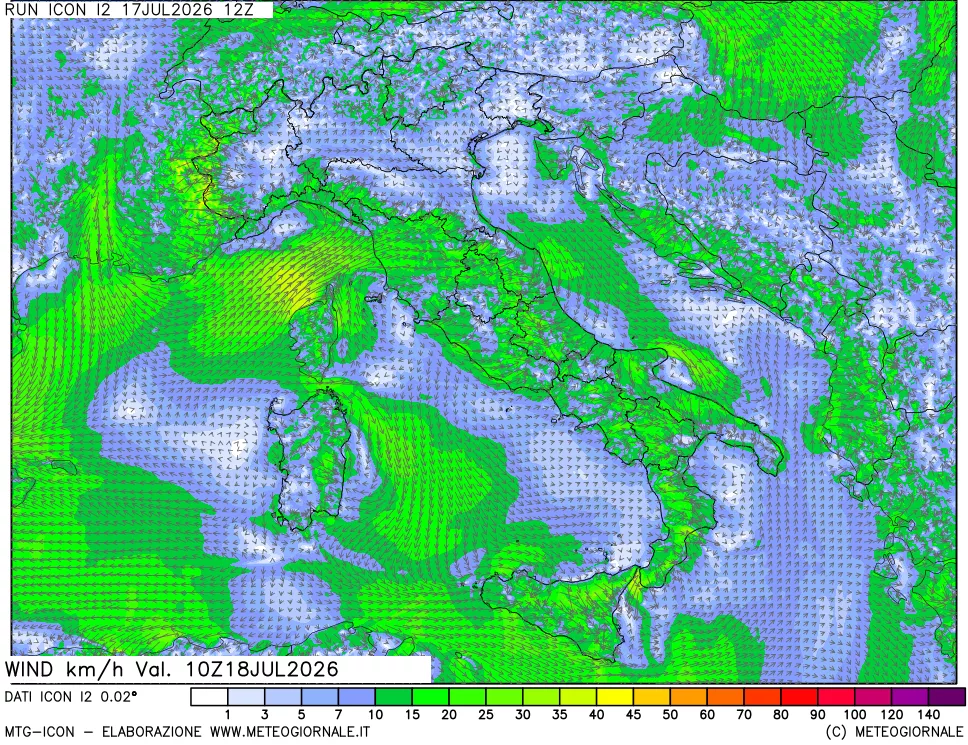 mappa 10 m Vento forza e direzione