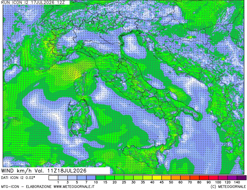 mappa 10 m Vento forza e direzione
