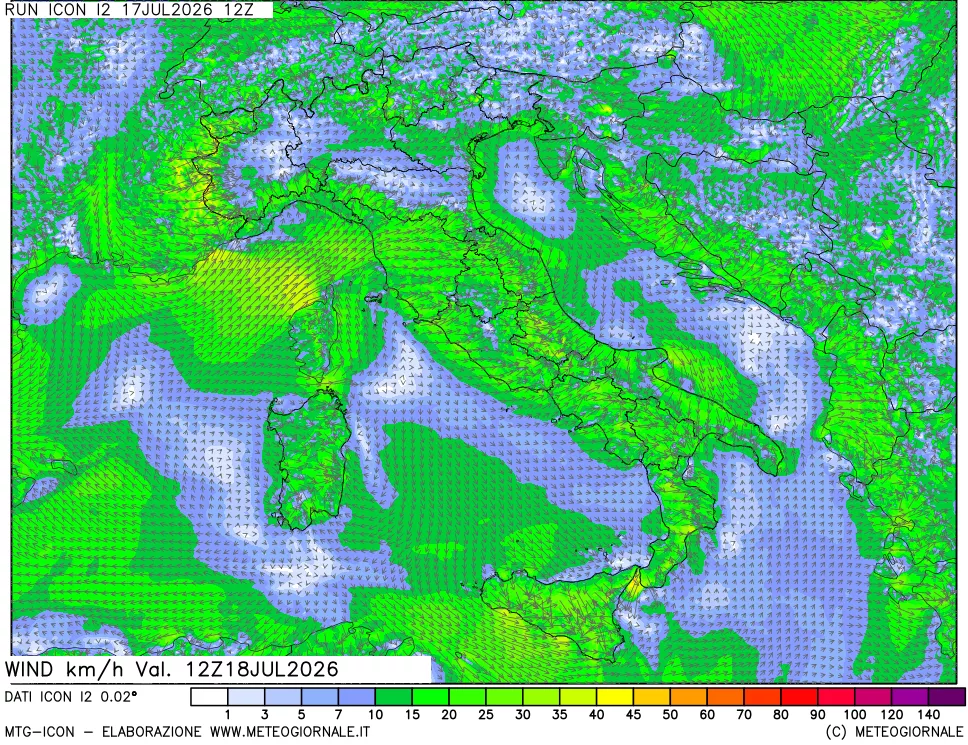 mappa 10 m Vento forza e direzione