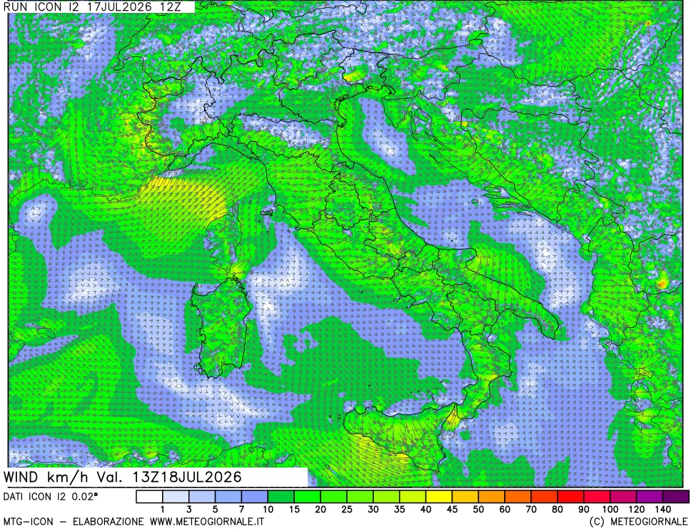 mappa 10 m Vento forza e direzione