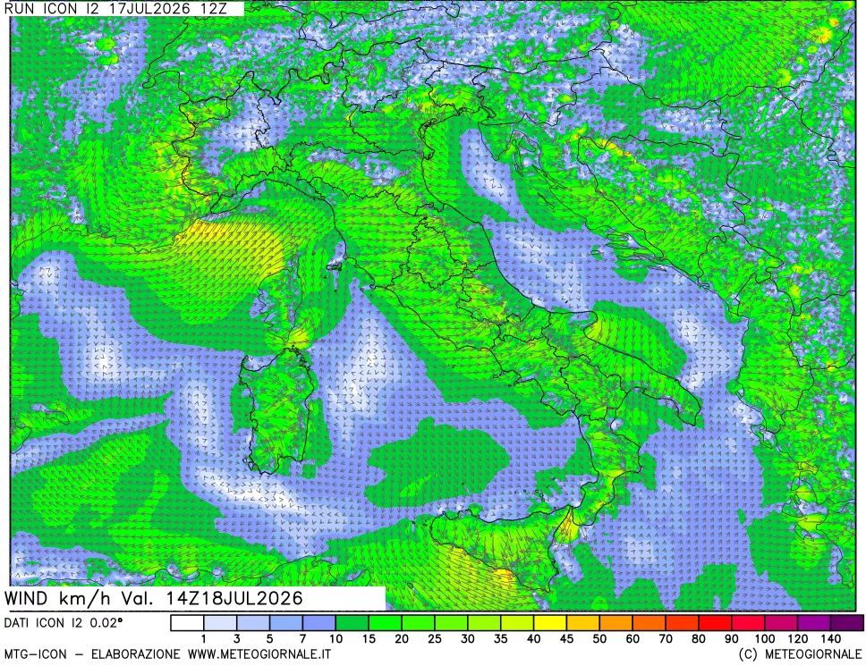 mappa 10 m Vento forza e direzione