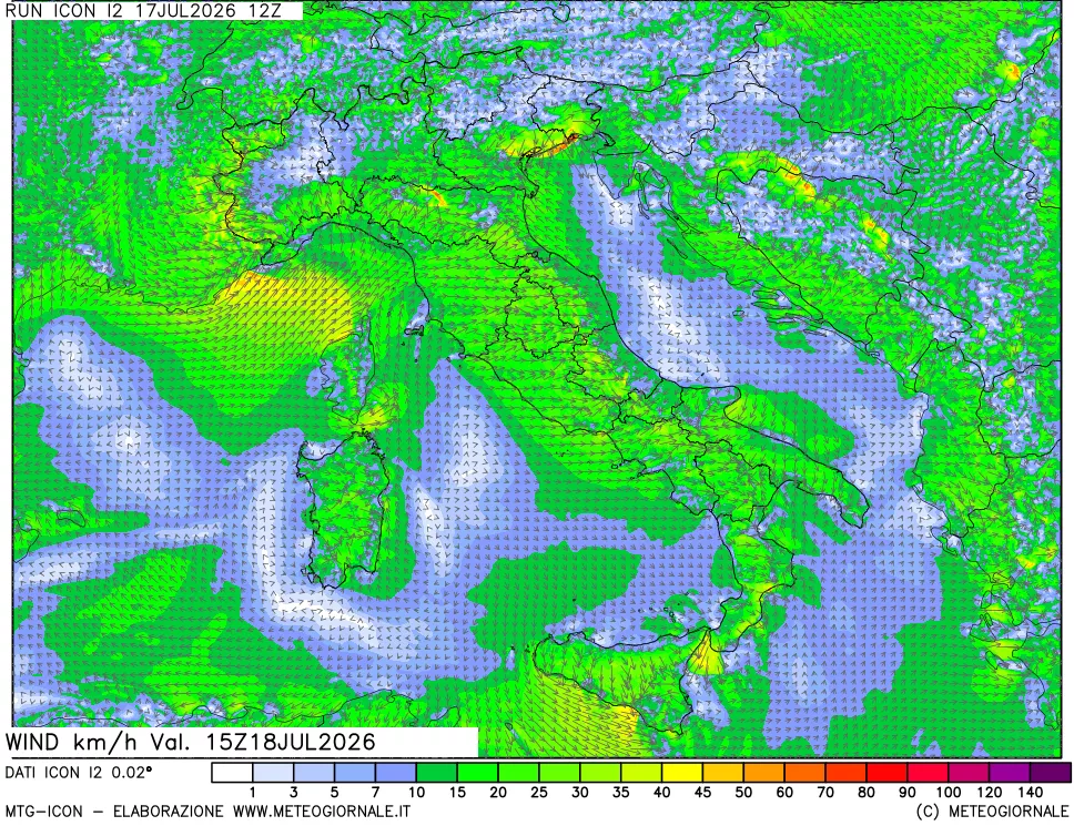 mappa 10 m Vento forza e direzione