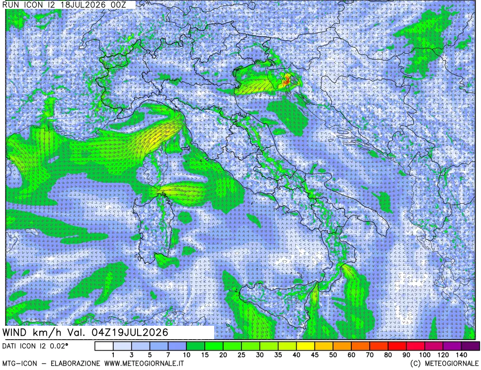 mappa 10 m Vento forza e direzione