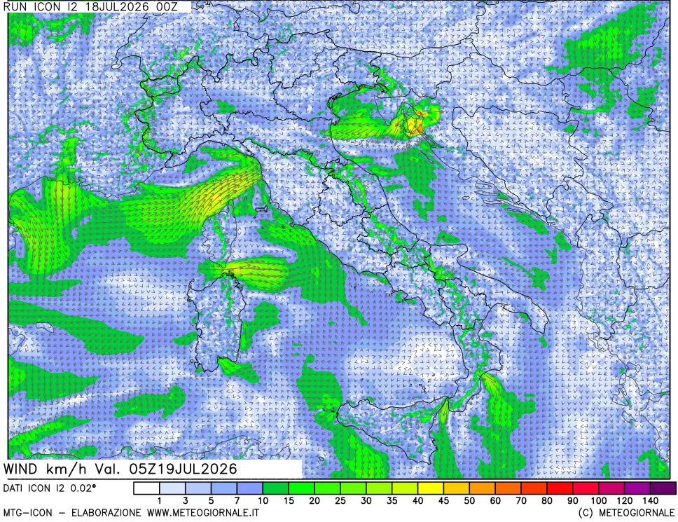 mappa 10 m Vento forza e direzione