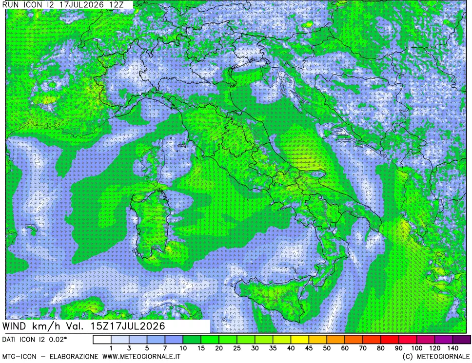 mappa 10 m Vento forza e direzione