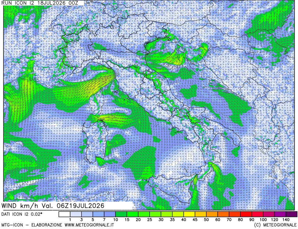 mappa 10 m Vento forza e direzione