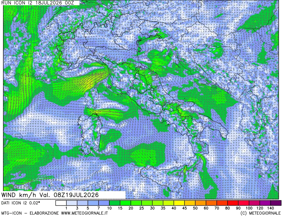 mappa 10 m Vento forza e direzione