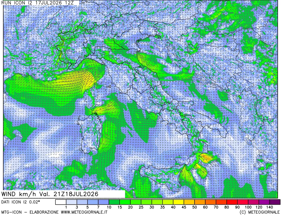 mappa 10 m Vento forza e direzione