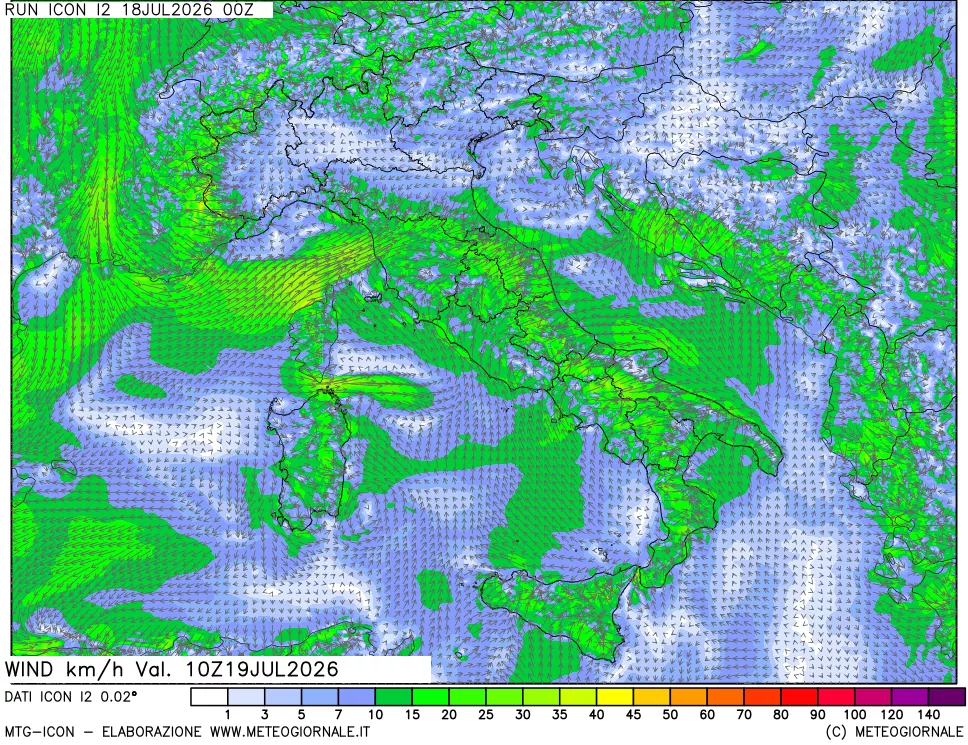 mappa 10 m Vento forza e direzione