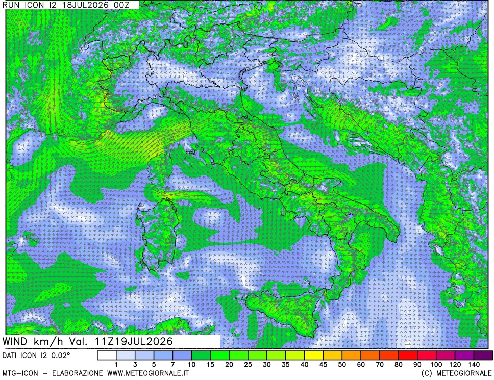 mappa 10 m Vento forza e direzione