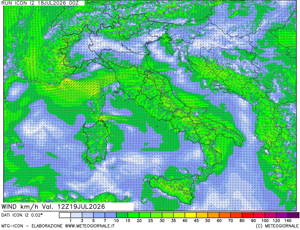 mappa 10 m Vento forza e direzione
