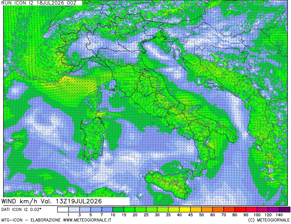 mappa 10 m Vento forza e direzione