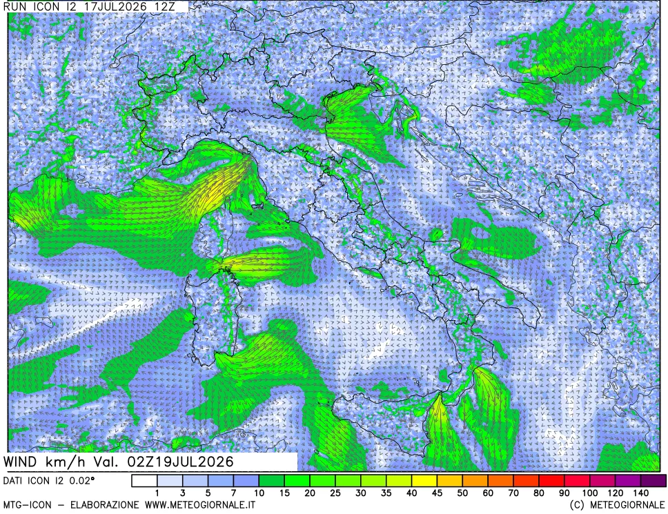 mappa 10 m Vento forza e direzione