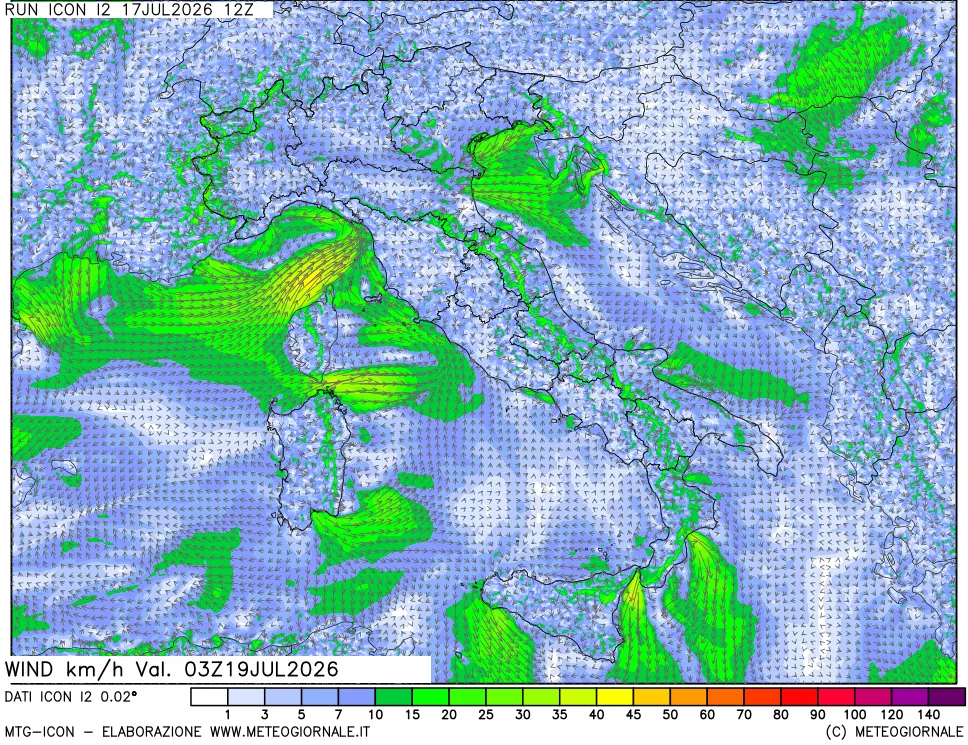 mappa 10 m Vento forza e direzione