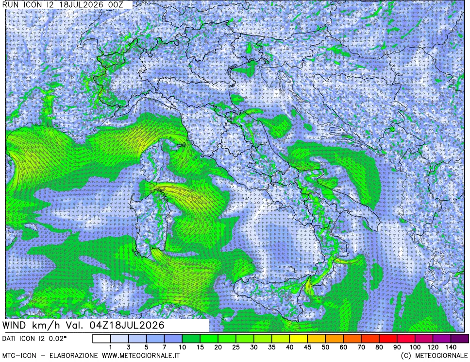 mappa 10 m Vento forza e direzione
