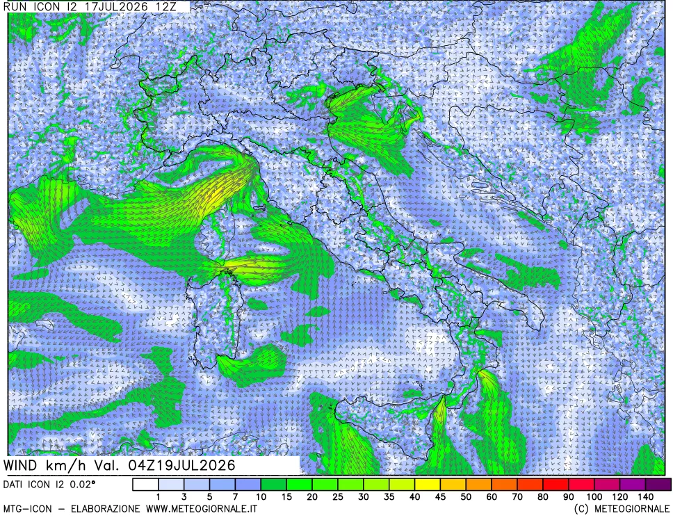 mappa 10 m Vento forza e direzione