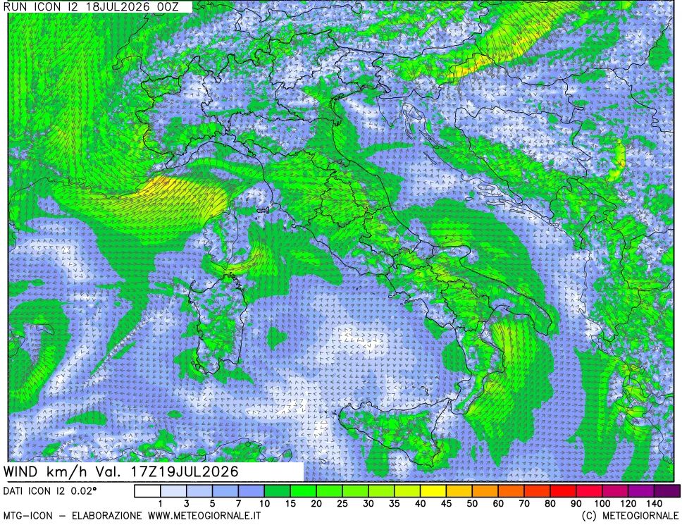 mappa 10 m Vento forza e direzione
