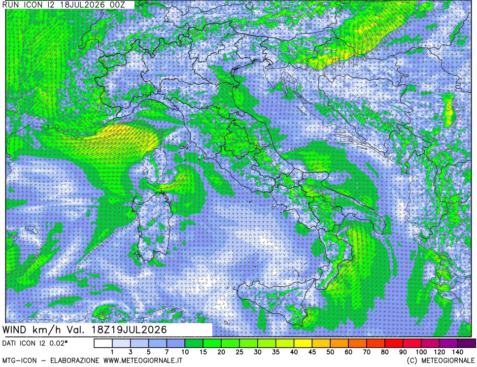 mappa 10 m Vento forza e direzione