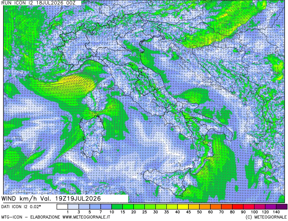 mappa 10 m Vento forza e direzione