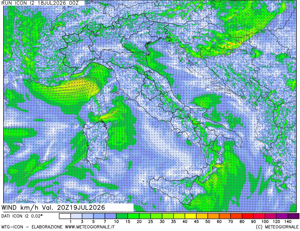 mappa 10 m Vento forza e direzione