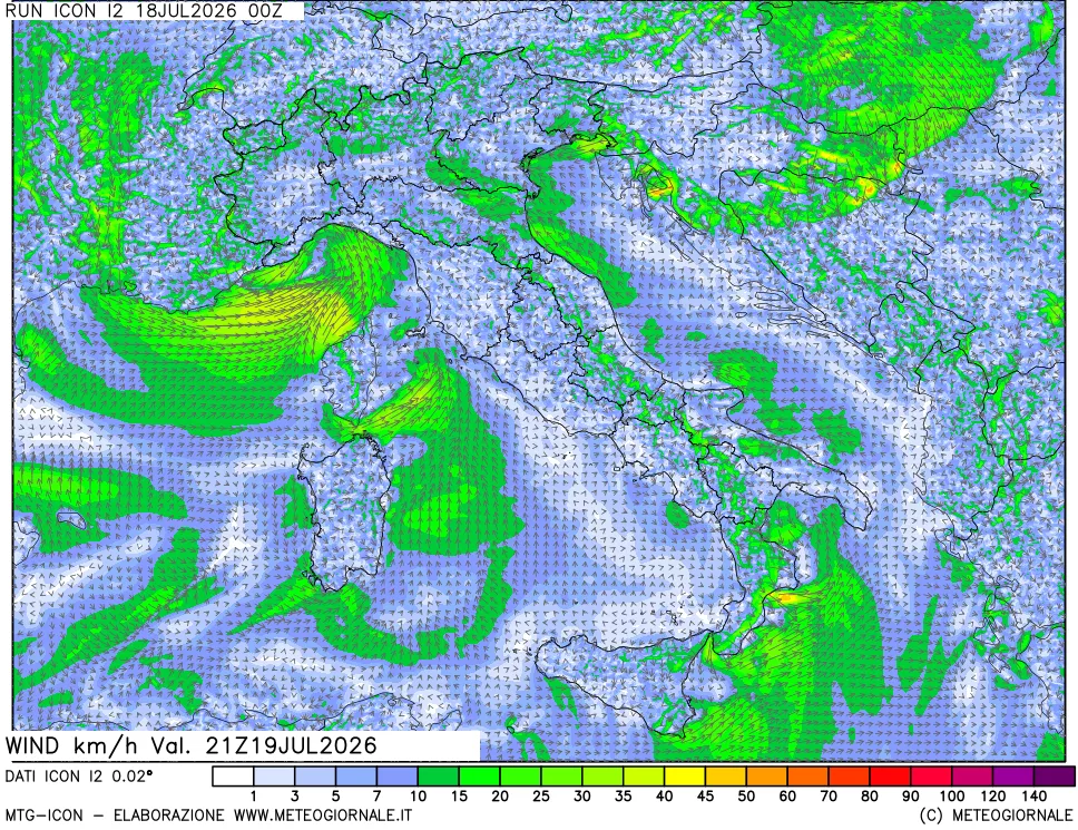 mappa 10 m Vento forza e direzione