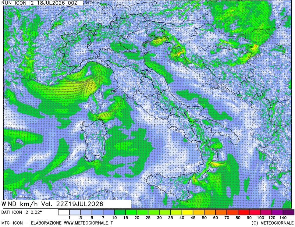 mappa 10 m Vento forza e direzione
