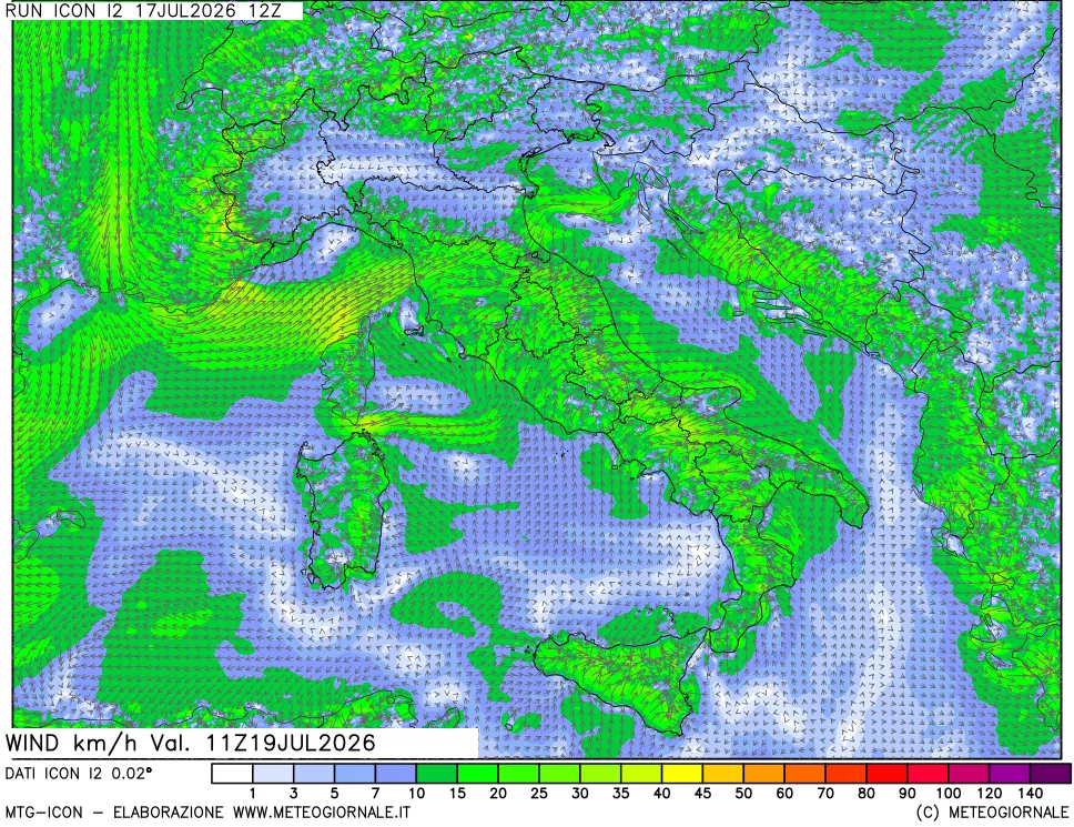mappa 10 m Vento forza e direzione