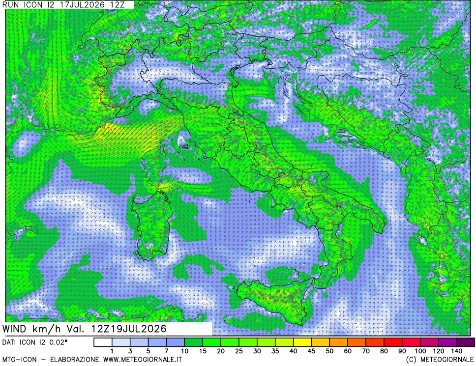 mappa 10 m Vento forza e direzione