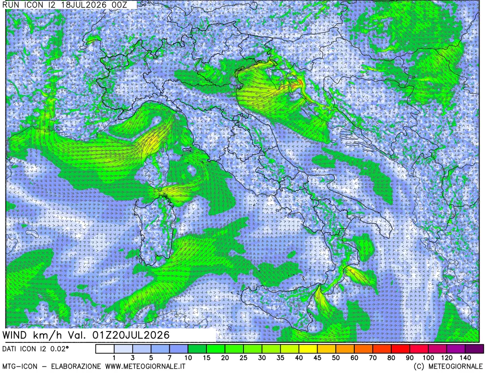 mappa 10 m Vento forza e direzione