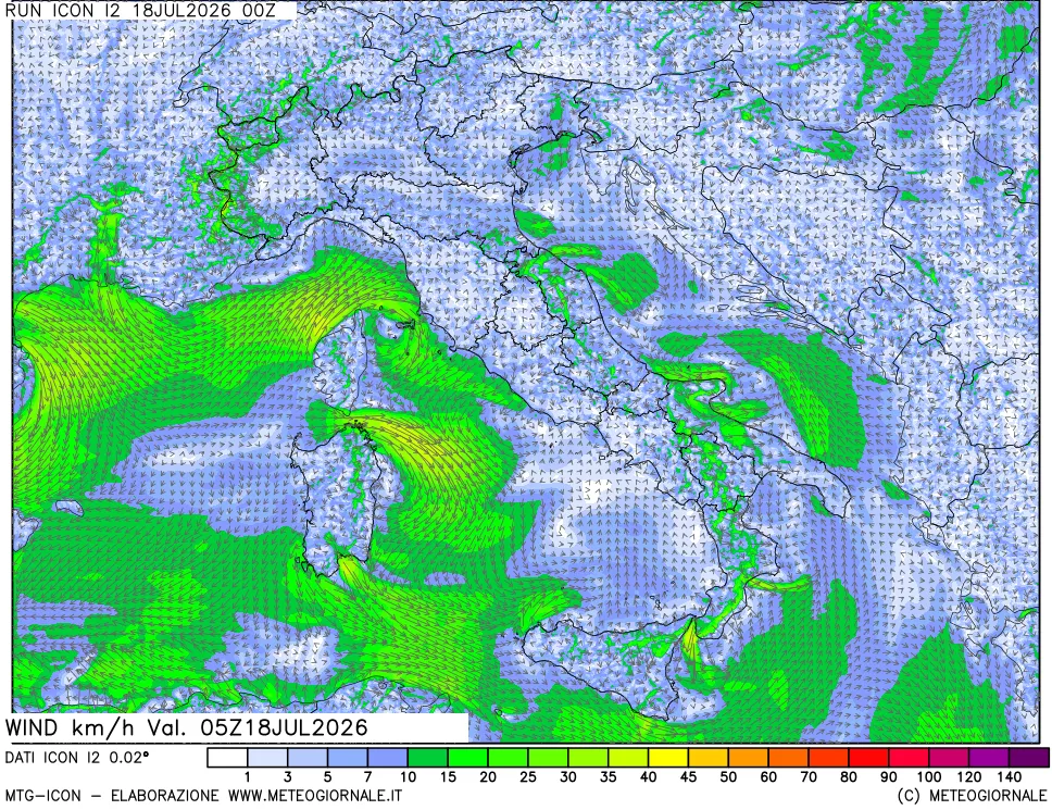 mappa 10 m Vento forza e direzione
