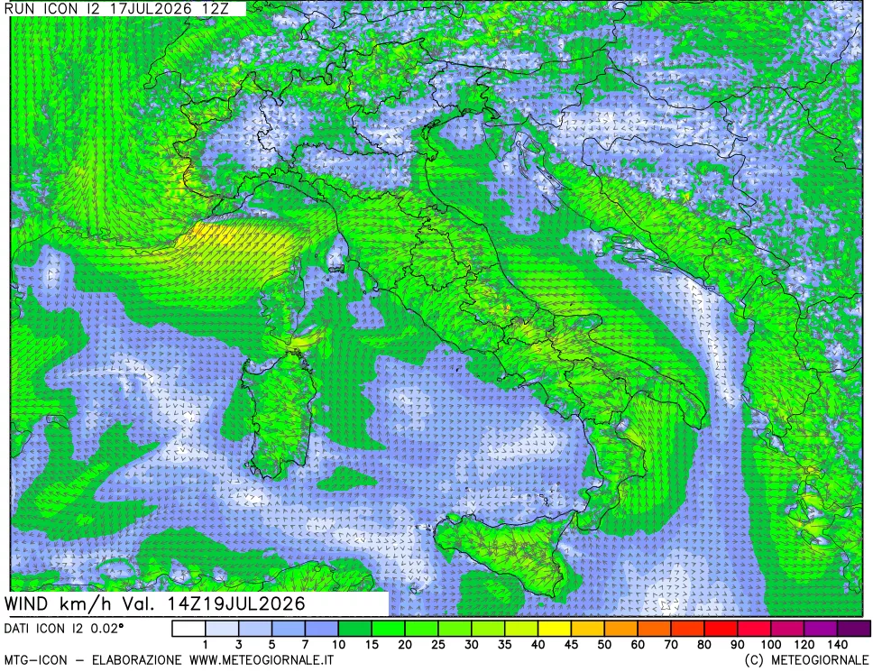 mappa 10 m Vento forza e direzione